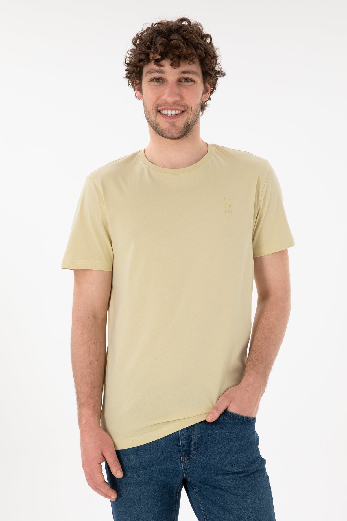 Tricou Bărbați Verde Fistic Cu Guler Rotund Și Imprimeu Logo