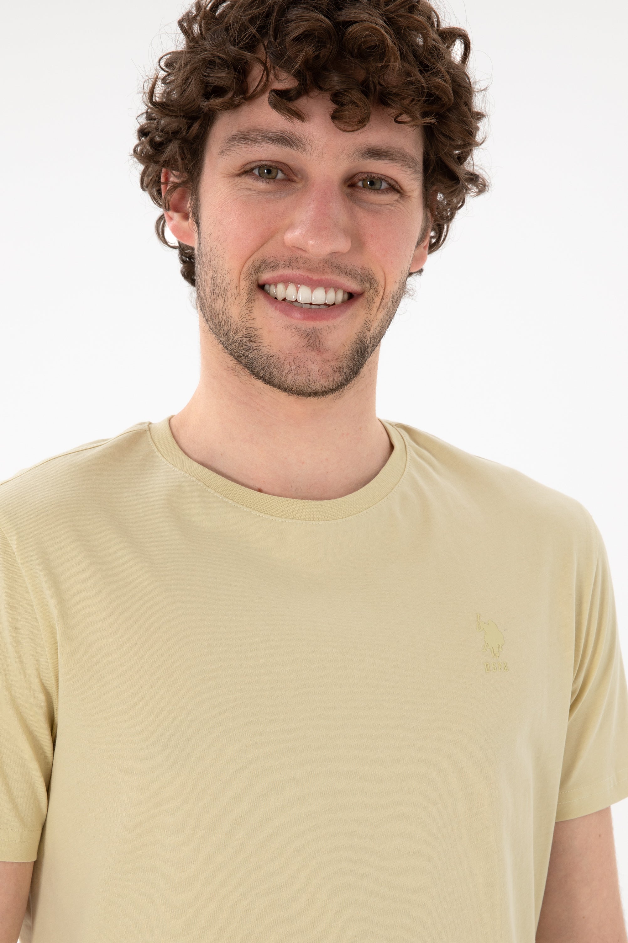 Tricou Bărbați Verde Fistic Cu Guler Rotund Și Imprimeu Logo