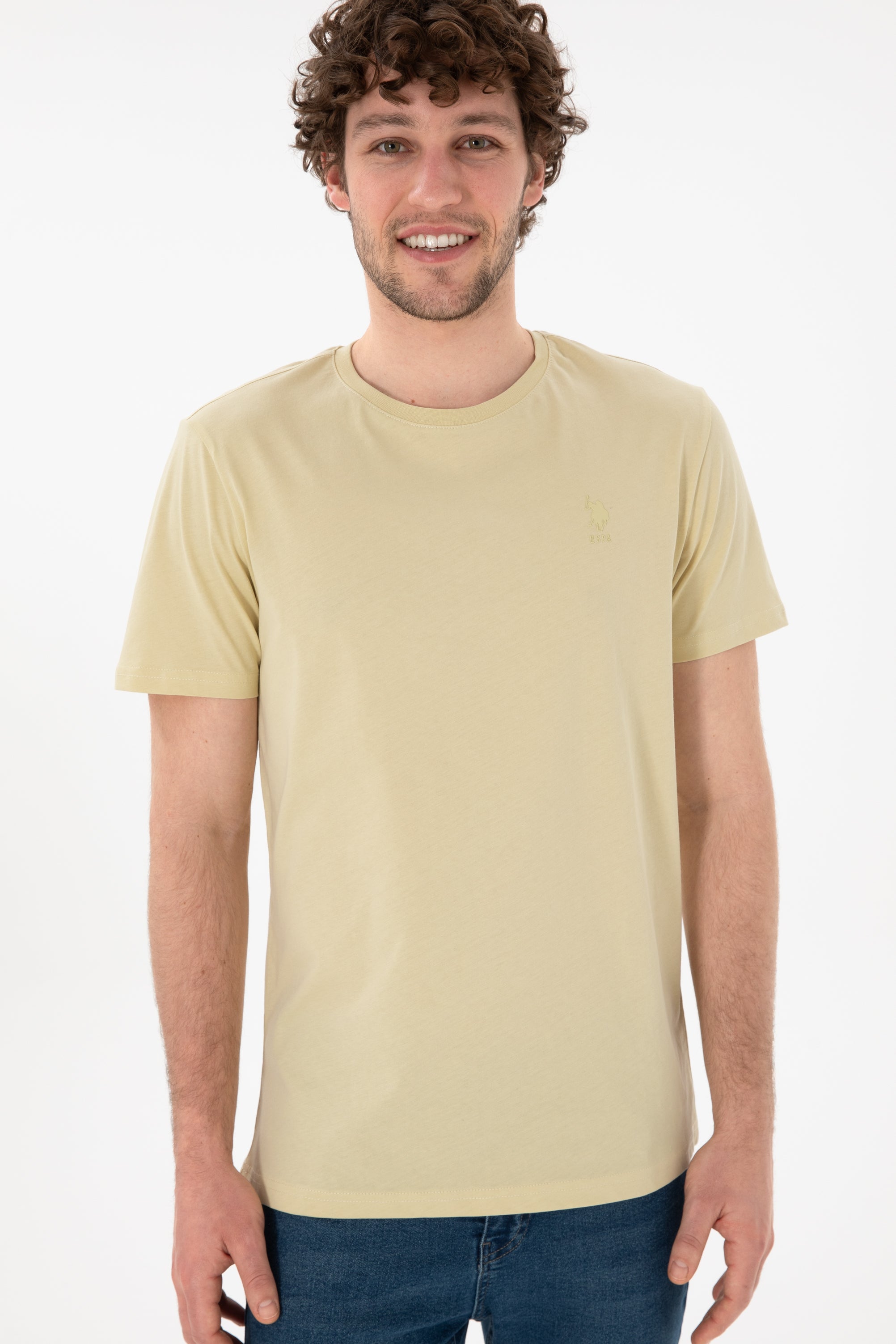 Tricou Bărbați Verde Fistic Cu Guler Rotund Și Imprimeu Logo