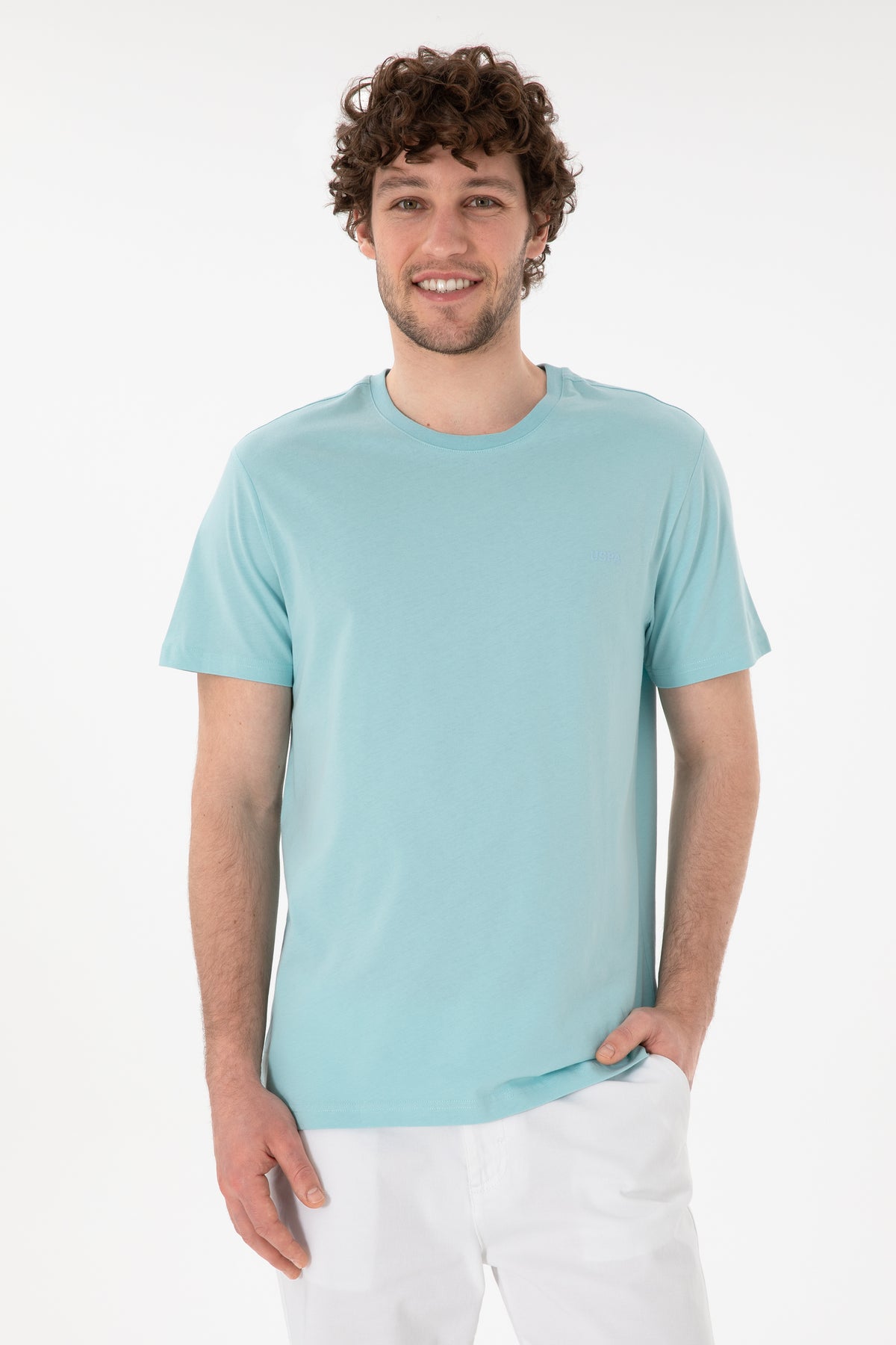 Tricou Bărbați Albastru Aqua Cu Guler Rotund