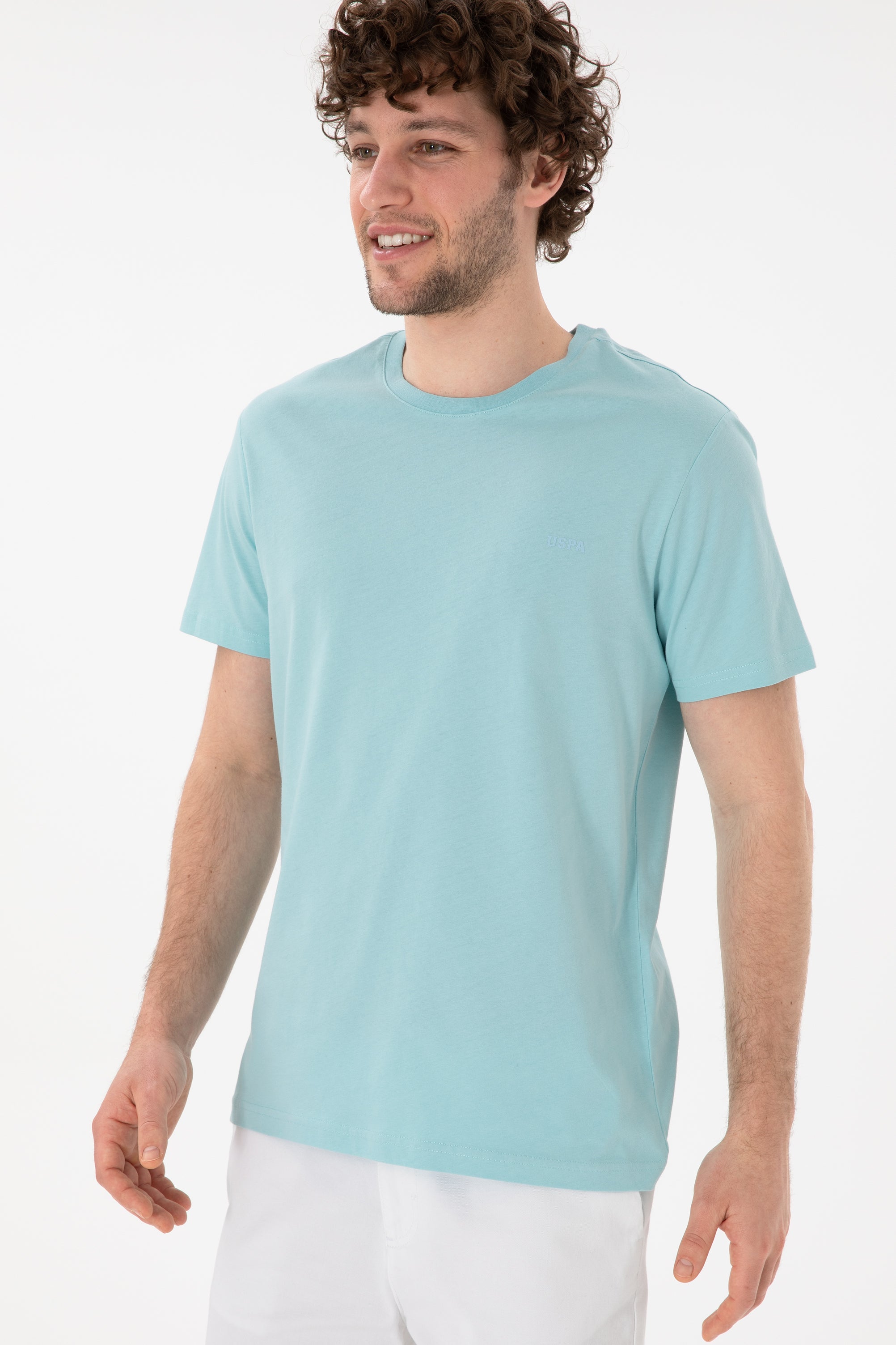 Tricou Bărbați Albastru Aqua Cu Guler Rotund