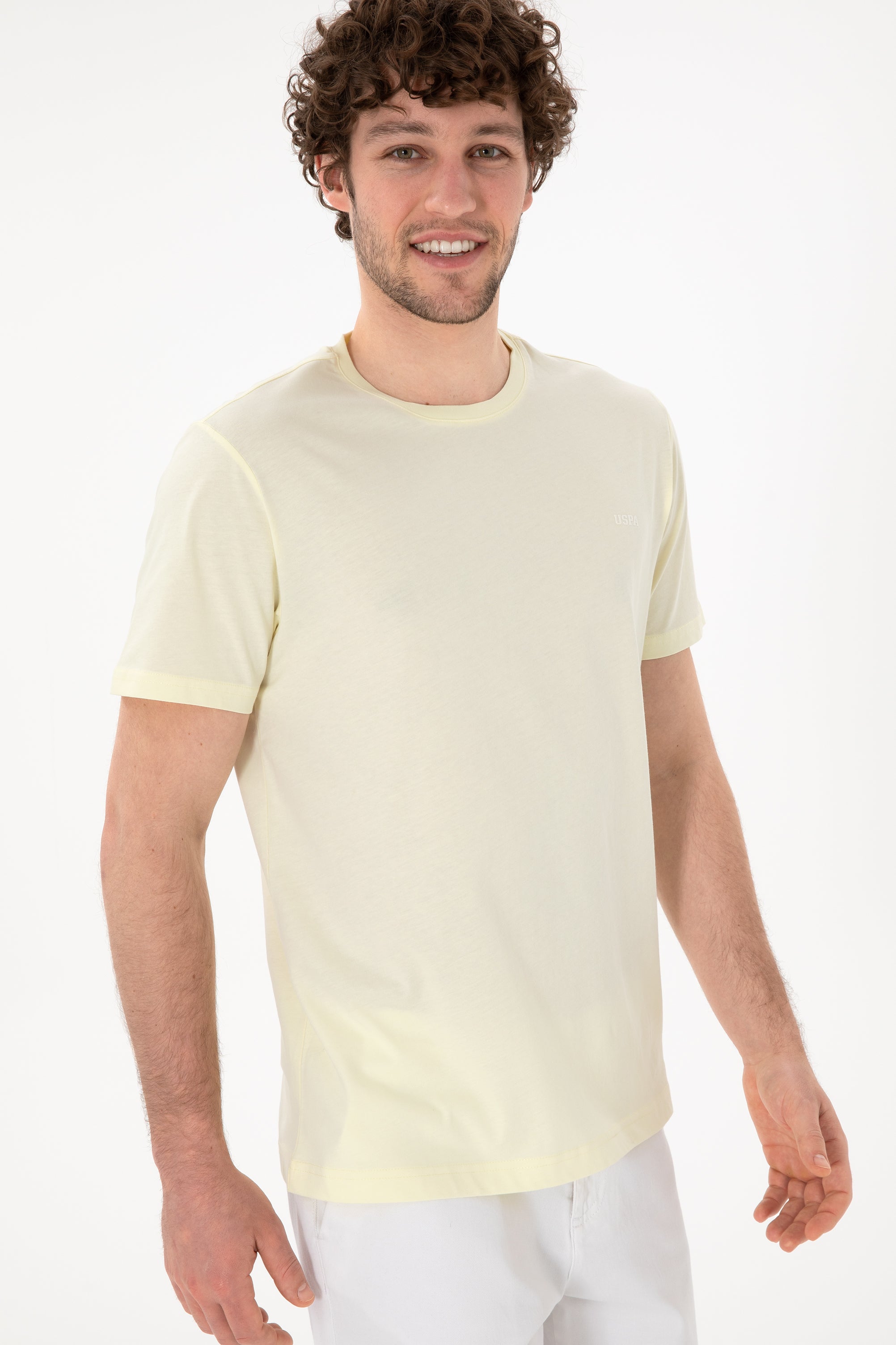 Tricou Bărbați Galben Pal Cu Guler Rotund