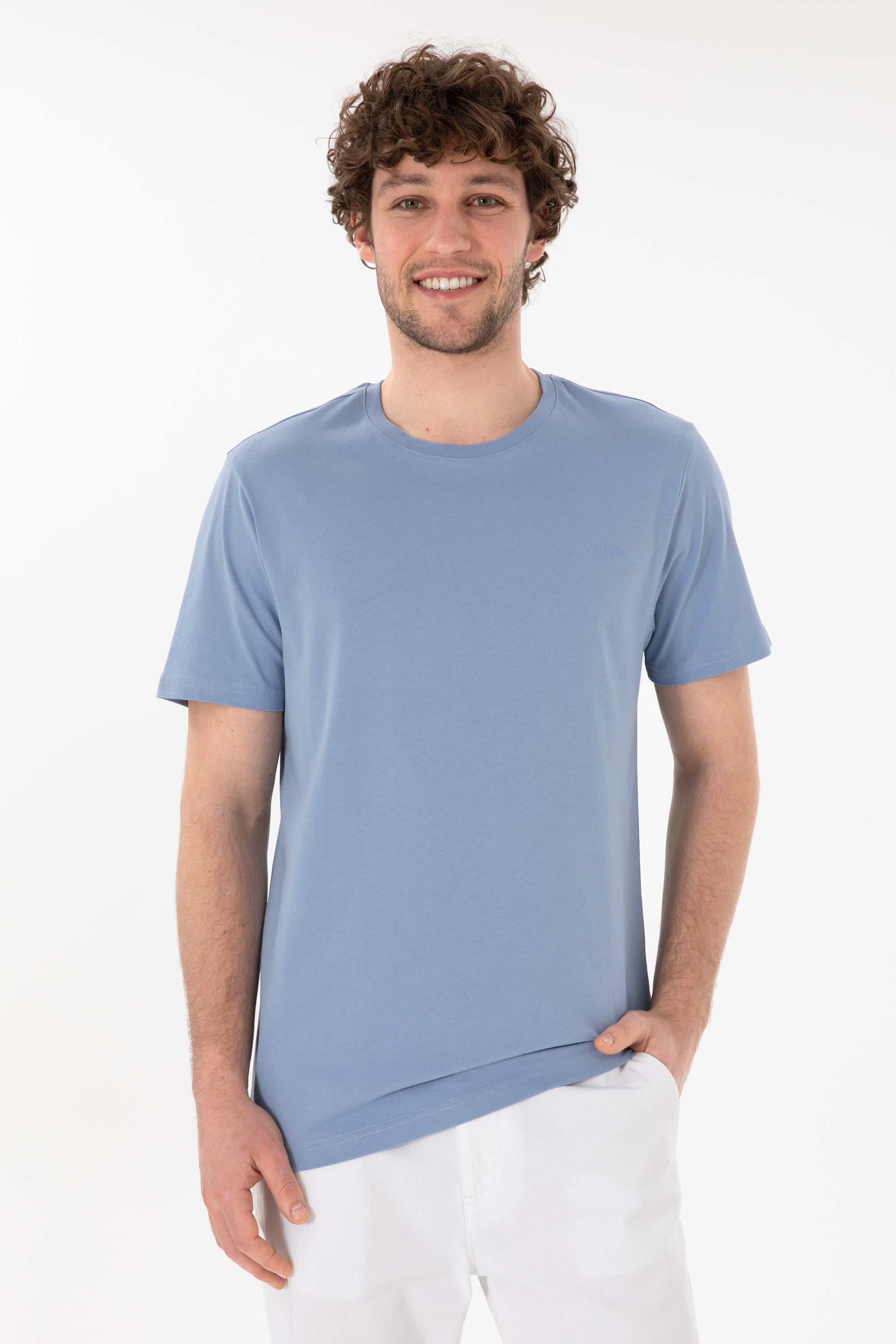 Tricou Bărbați Albastru Prăfuit Cu Guler Rotund