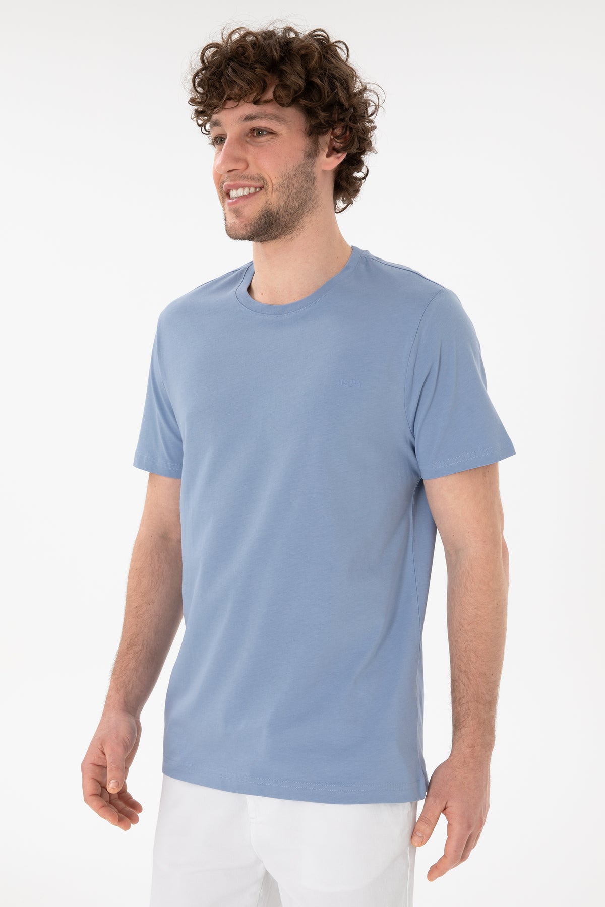 Tricou Bărbați Albastru Prăfuit Cu Guler Rotund