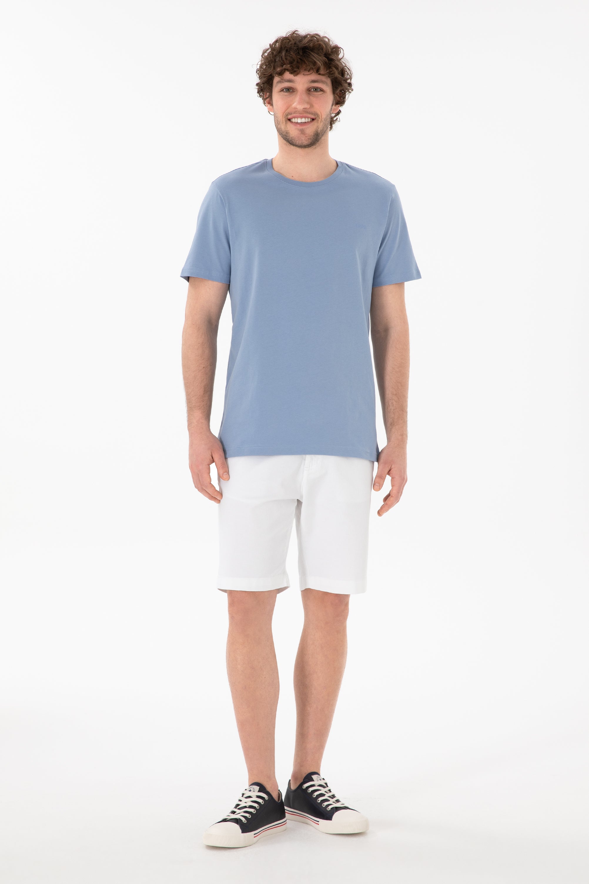 Tricou Bărbați Albastru Prăfuit Cu Guler Rotund