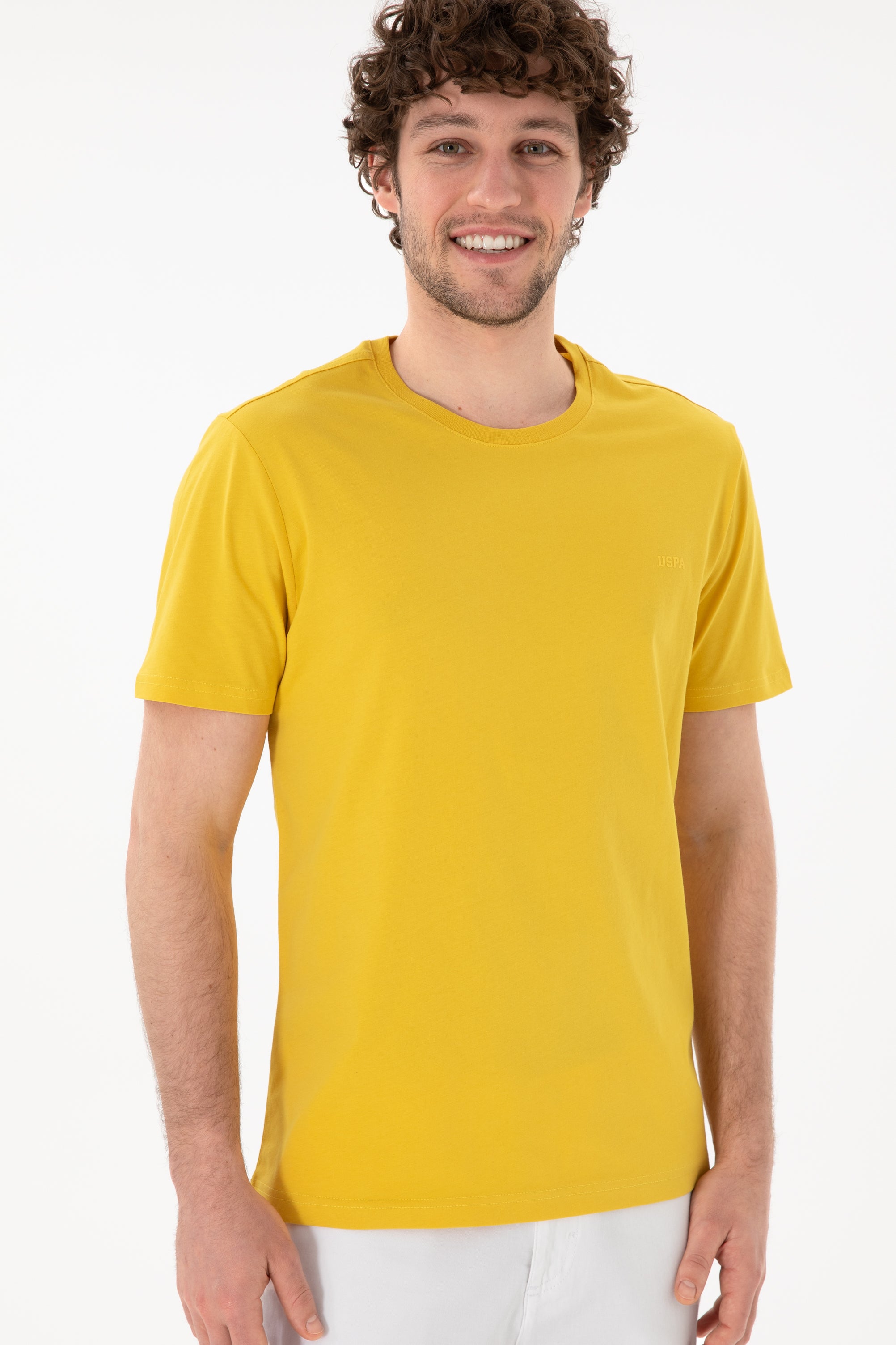 Tricou Bărbați Galben Muștar Cu Guler Rotund