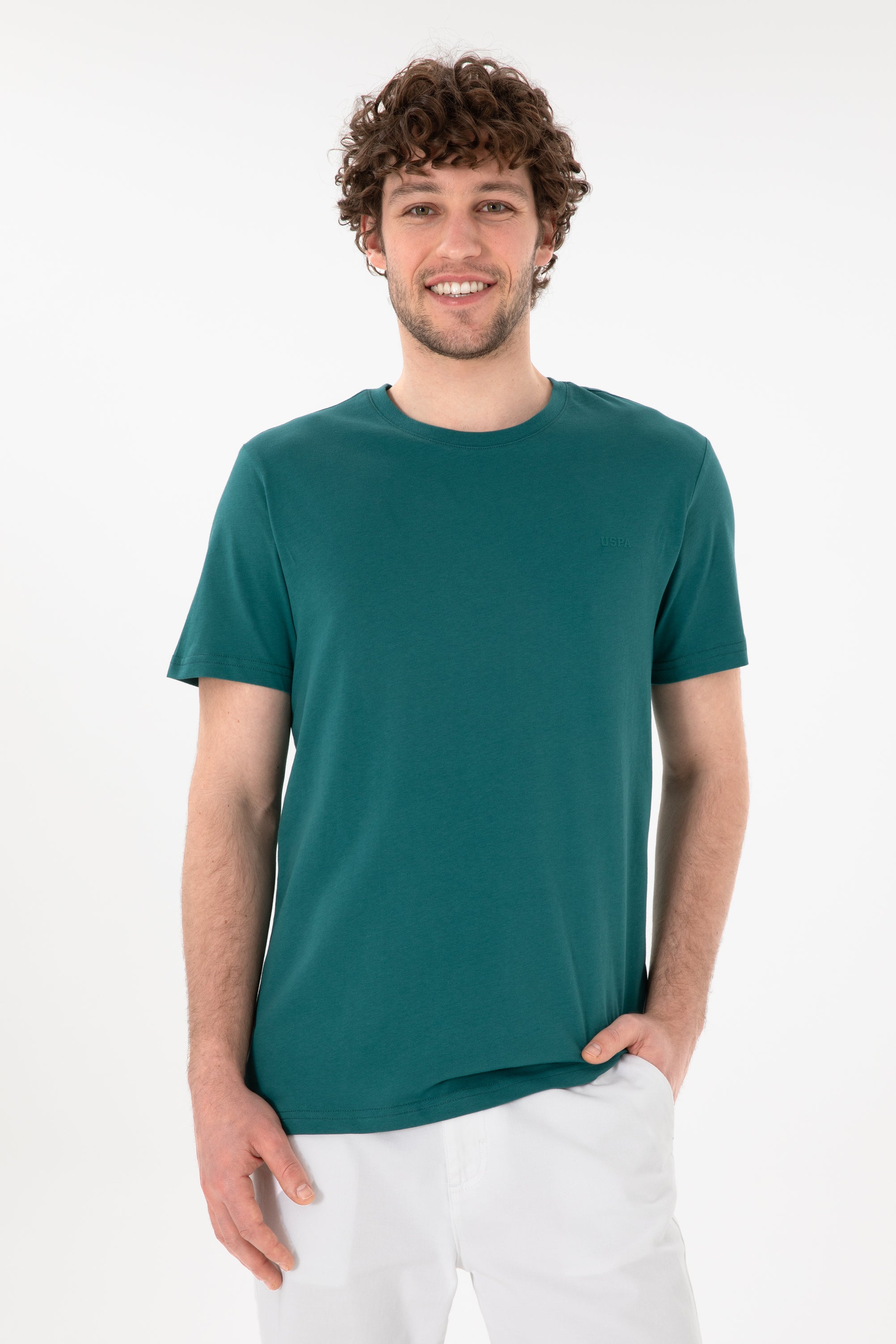 Tricou Bărbați Verde Smarald Cu Guler Rotund