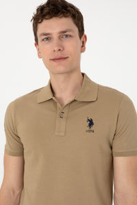 Tricou Polo Bărbați Bej Închis Cu Logo Brodat