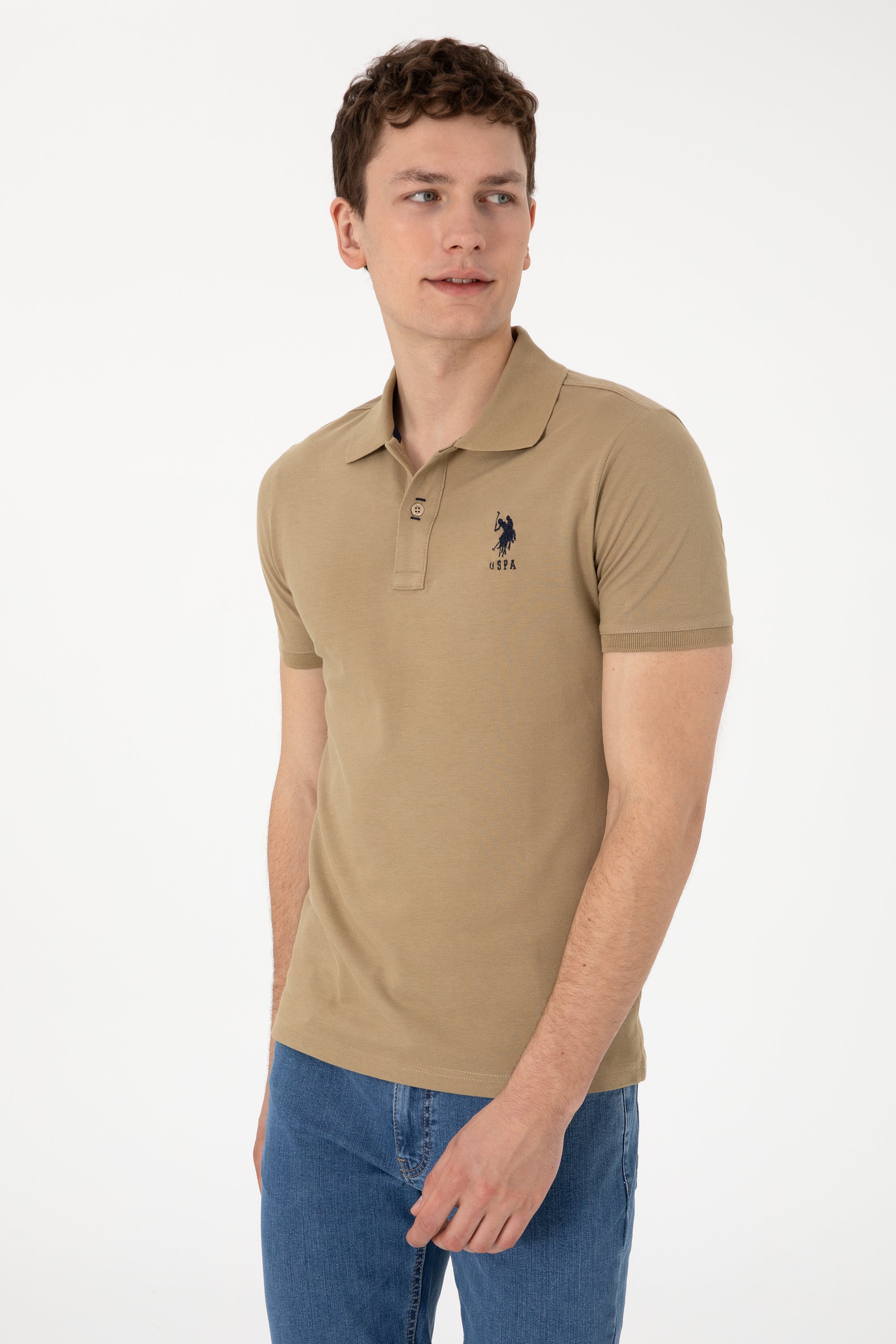 Tricou Polo Bărbați Bej Închis Cu Logo Brodat