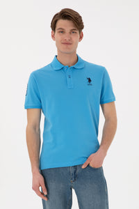 Tricou Polo Bărbați Albastru Cu Logo Brodat