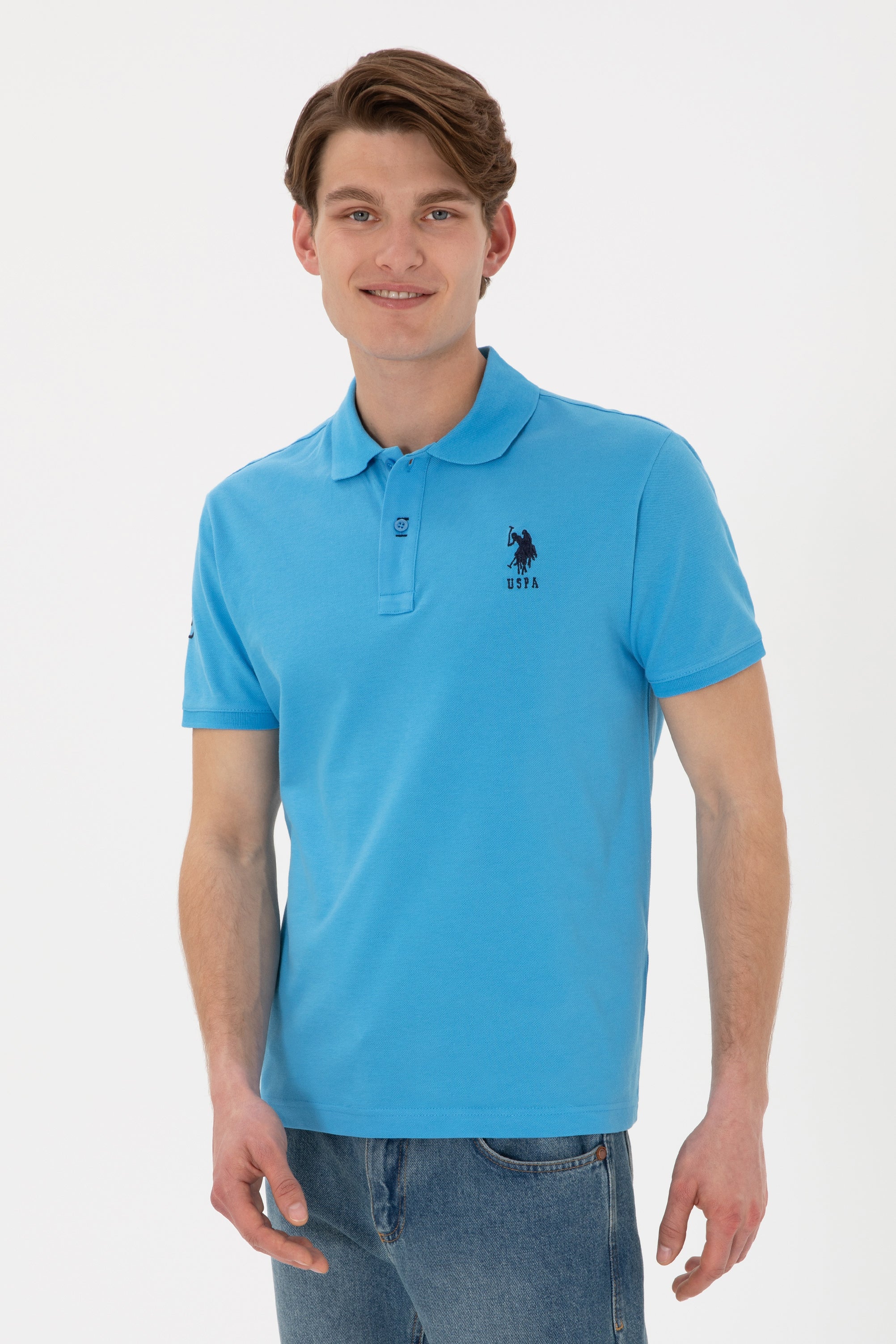 Tricou Polo Bărbați Albastru Cu Logo Brodat