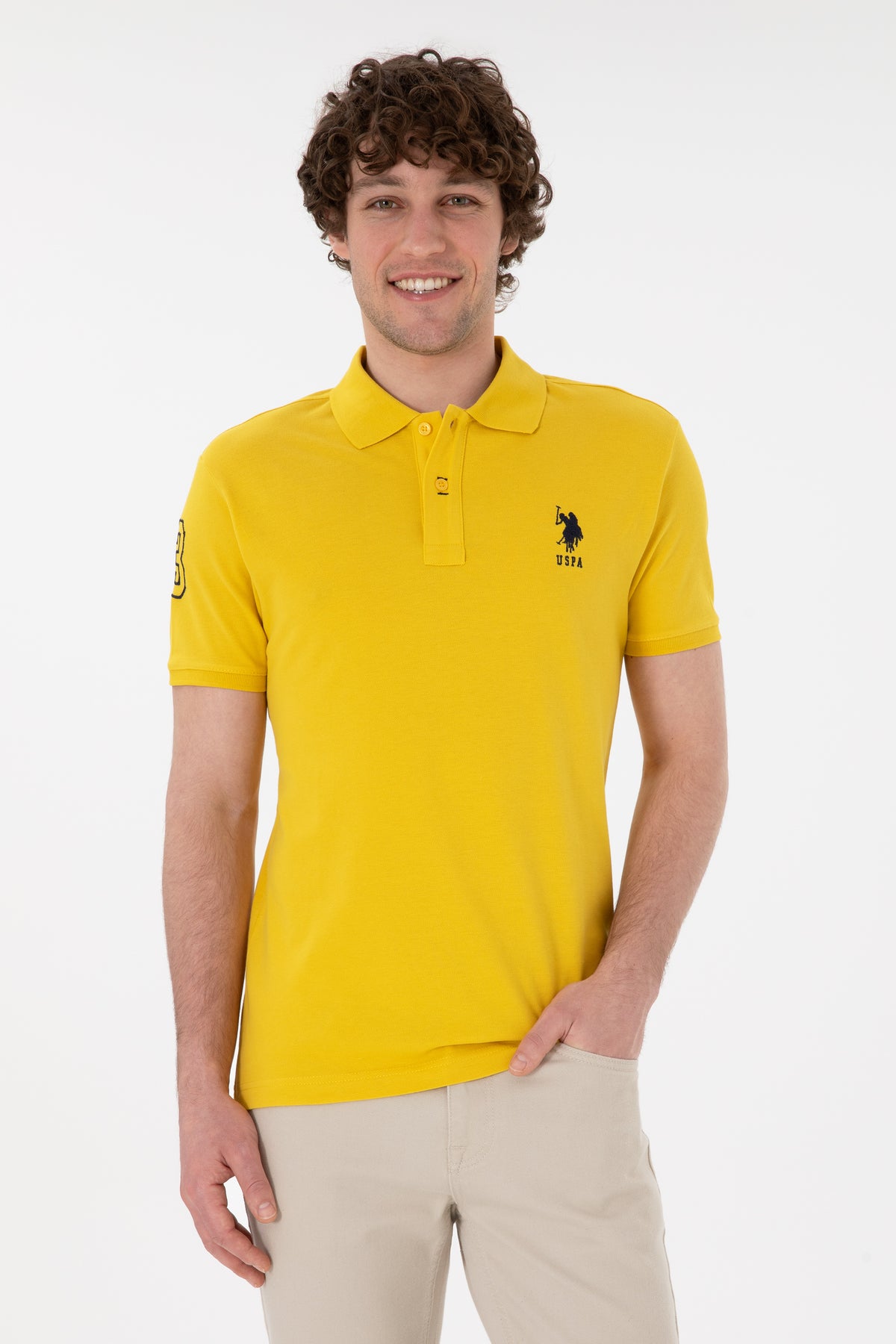 Tricou Polo Bărbați Galben Cu Logo Brodat
