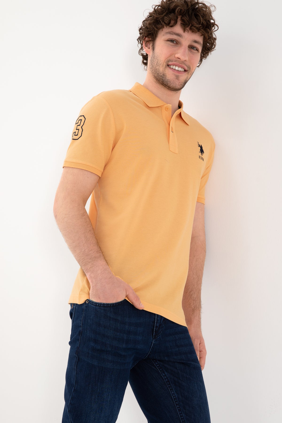 Tricou Polo Bărbați Roz Piersică Cu Logo Brodat