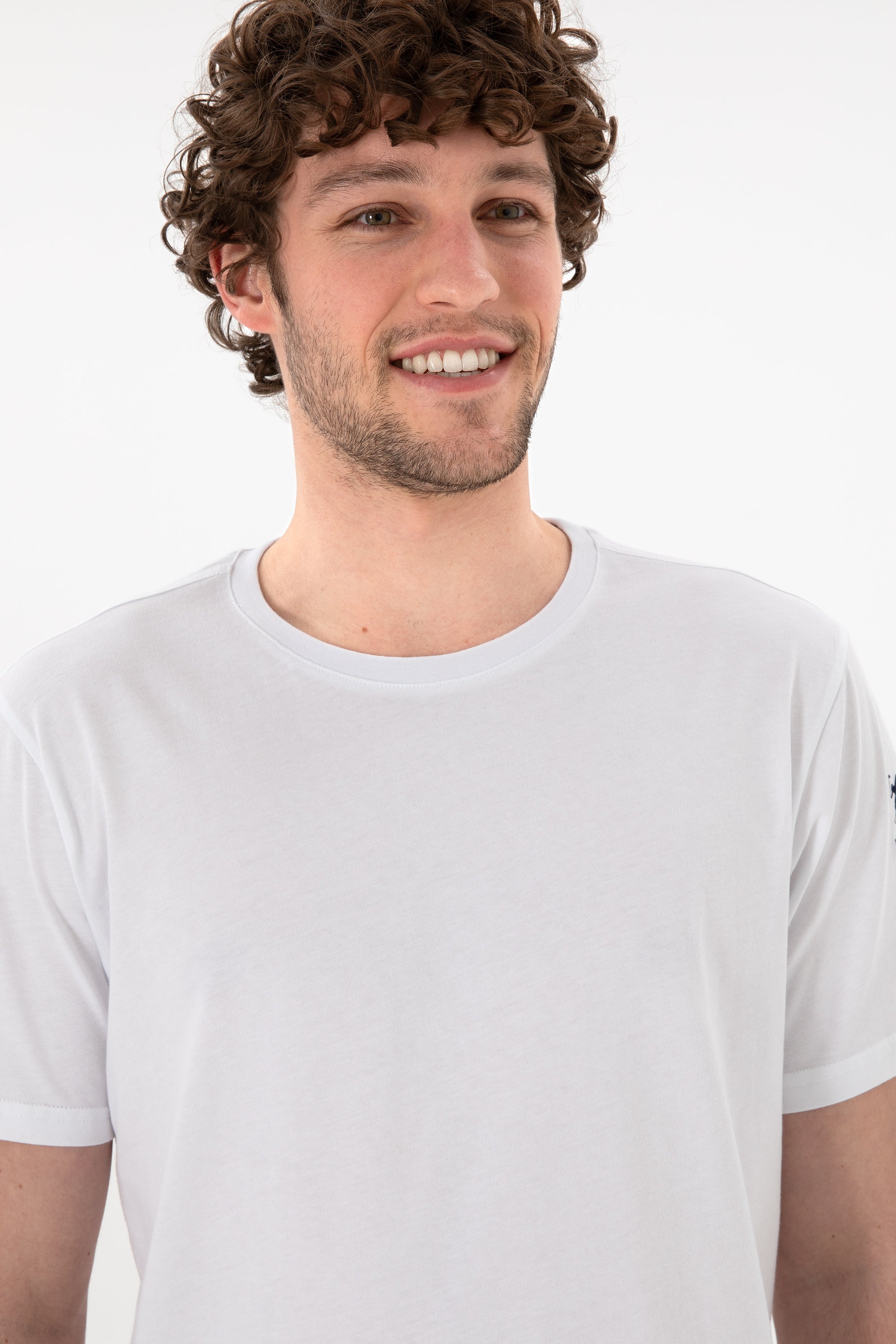 Tricou Bărbați Alb Cu Guler Rotund Și Logo Brodat Pe Mânecă