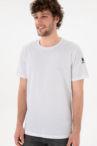 Tricou Bărbați Alb Cu Guler Rotund Și Logo Brodat Pe Mânecă