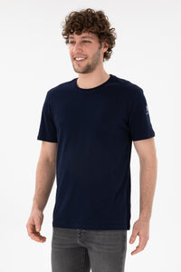 Tricou Bărbați Bleumarin Cu Guler Rotund Și Logo Brodat Pe Mânecă