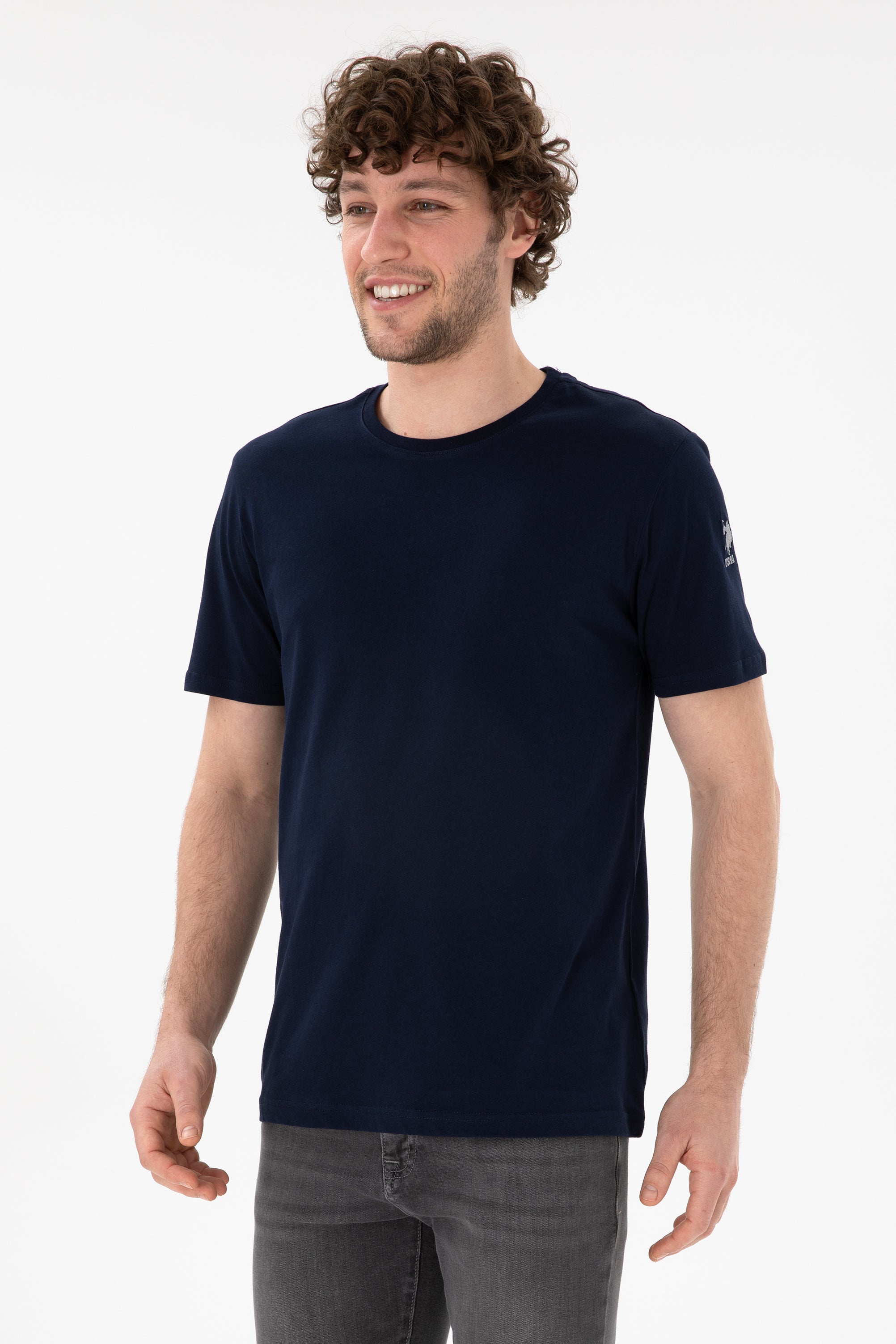 Tricou Bărbați Bleumarin Cu Guler Rotund Și Logo Brodat Pe Mânecă