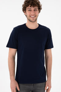 Tricou Bărbați Bleumarin Cu Guler Rotund Și Logo Brodat Pe Mânecă