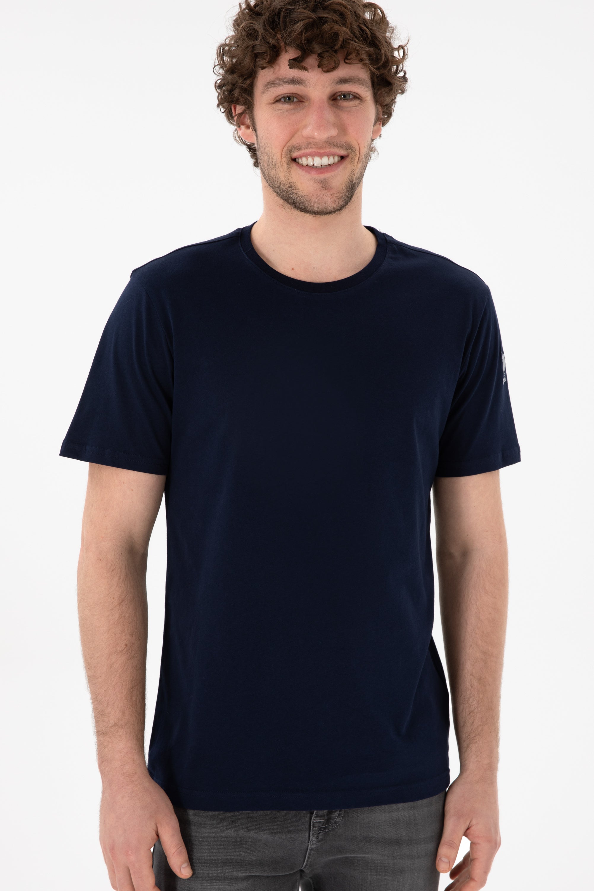 Tricou Bărbați Bleumarin Cu Guler Rotund Și Logo Brodat Pe Mânecă