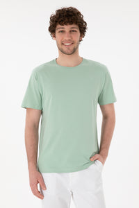 Tricou Bărbați Verde Pal Cu Guler Rotund Și Logo Brodat Pe Mânecă