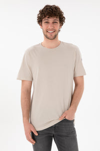 Tricou Bărbați Bej Deschis Cu Guler Rotund Și Logo Brodat Pe Mânecă