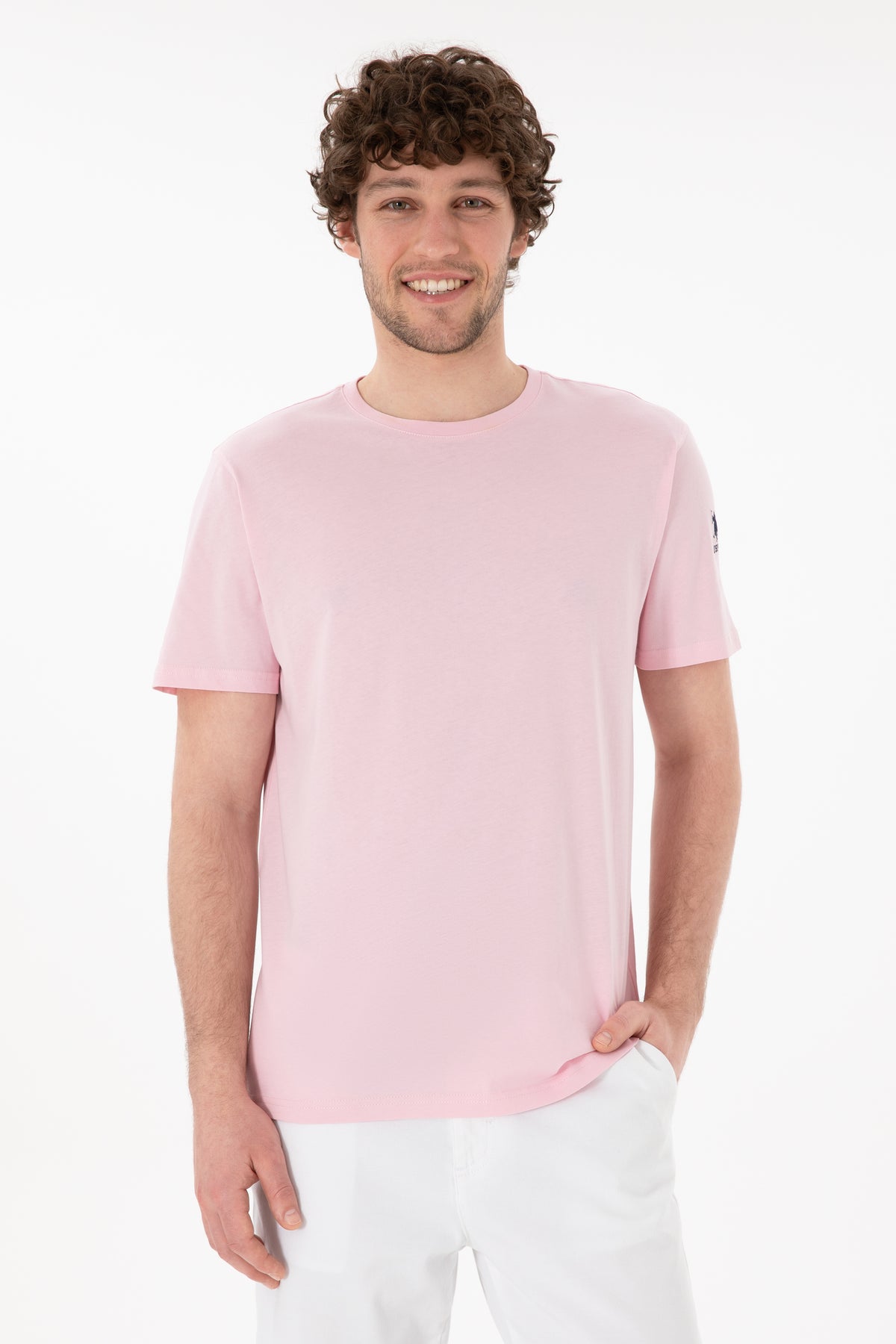 Tricou Bărbați Roz Pal Cu Guler Rotund Și Logo Brodat Pe Mânecă