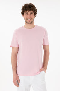 Tricou Bărbați Roz Pal Cu Guler Rotund Și Logo Brodat Pe Mânecă
