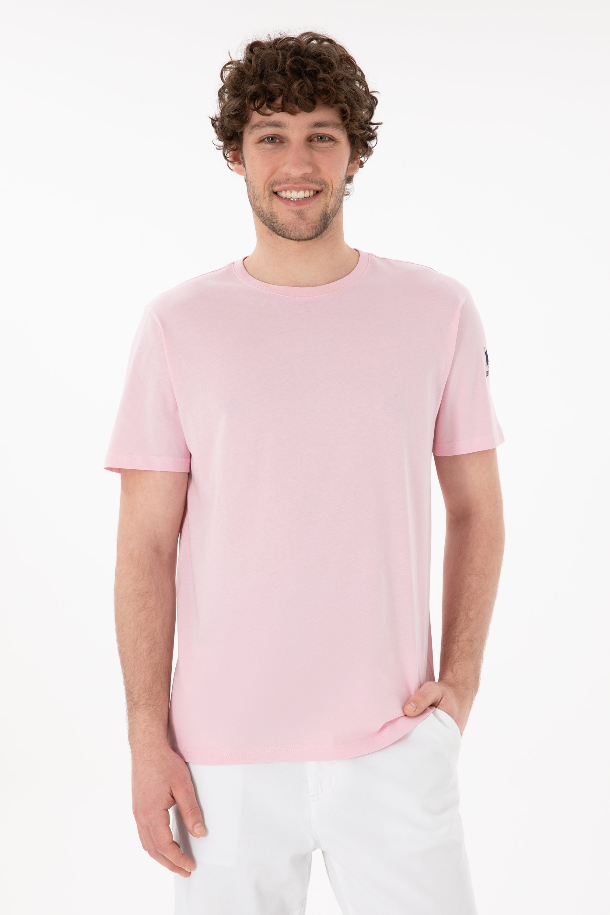 Tricou Bărbați Roz Pal Cu Guler Rotund Și Logo Brodat Pe Mânecă