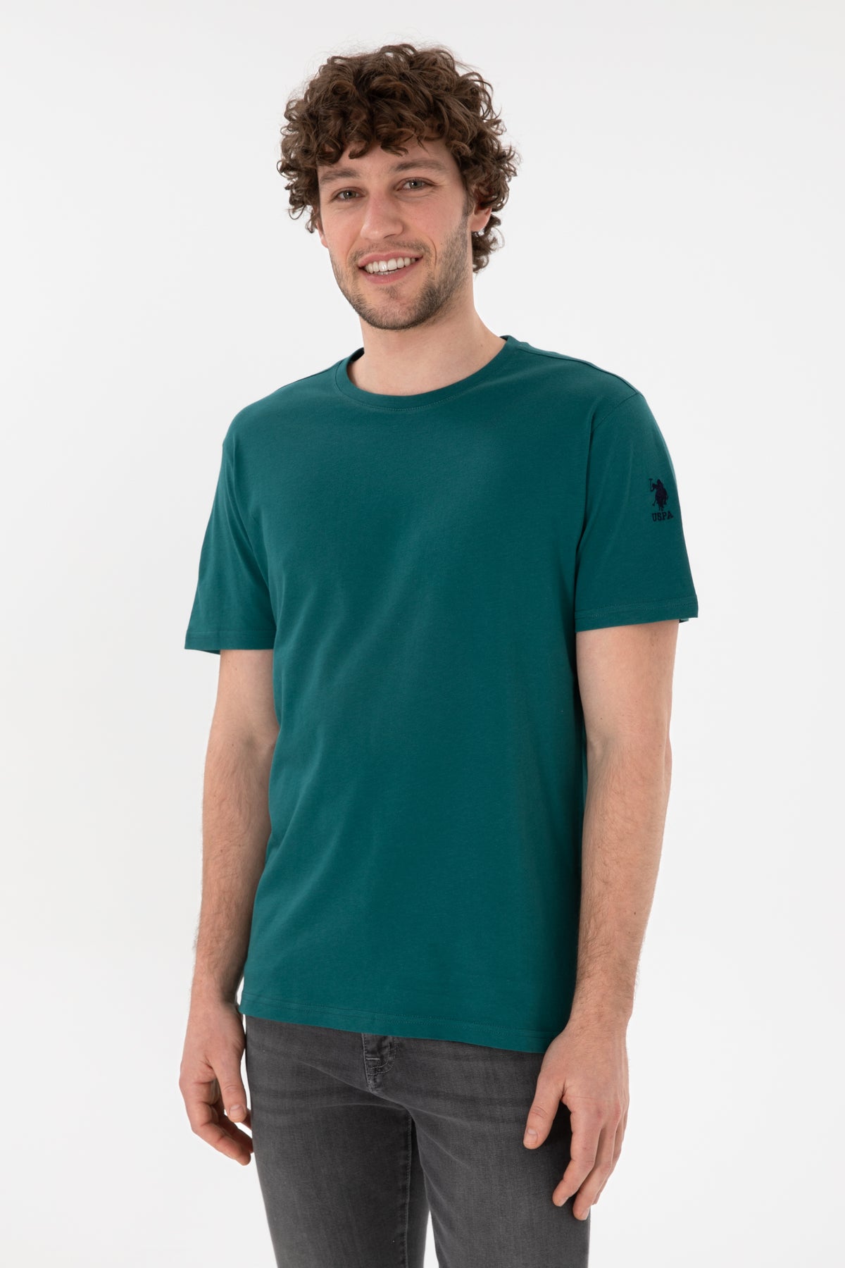 Tricou Bărbați Verde Smarald Cu Guler Rotund Și Logo Brodat Pe Mânecă