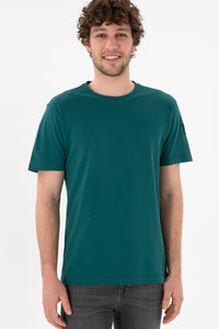 Tricou Bărbați Verde Smarald Cu Guler Rotund Și Logo Brodat Pe Mânecă