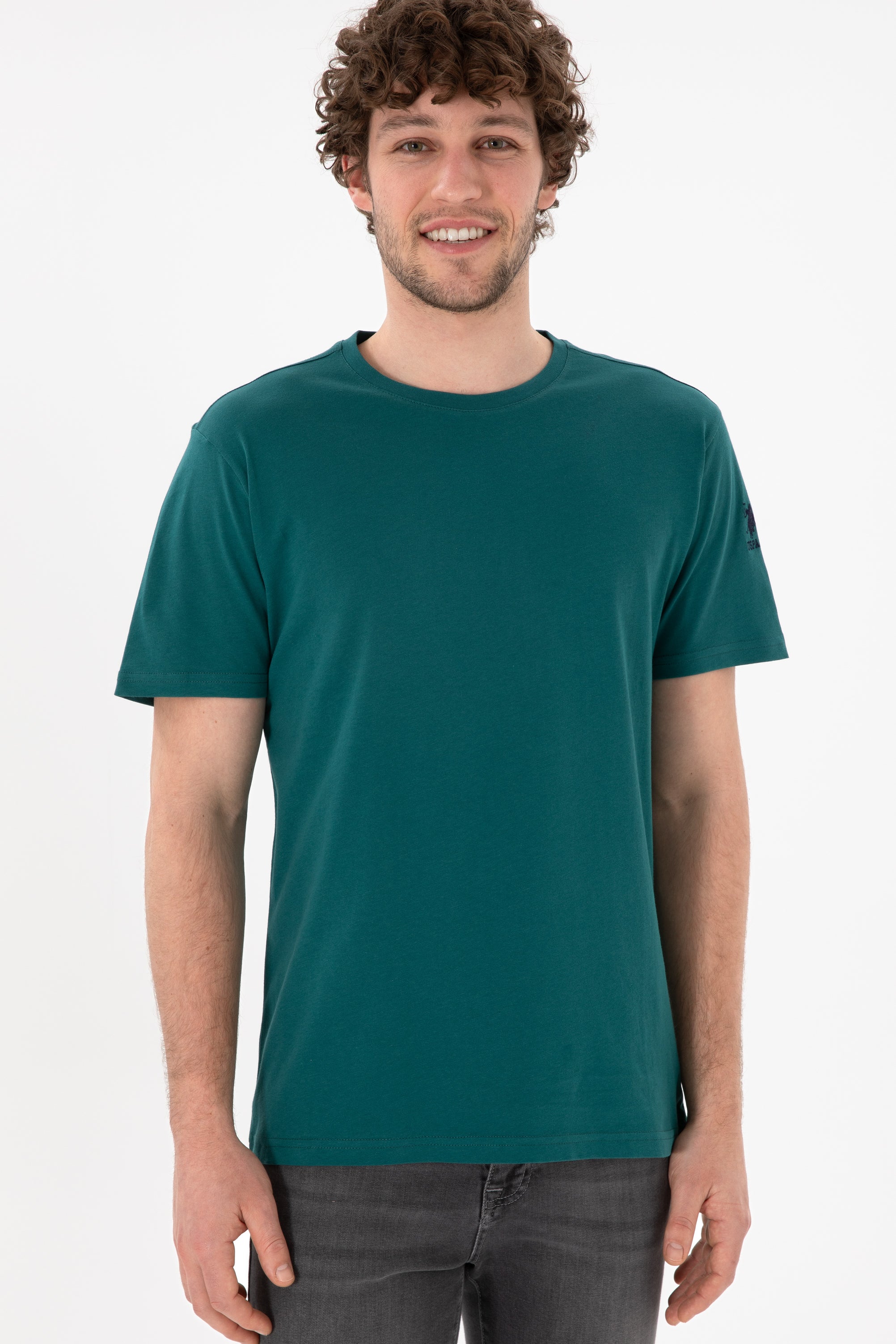 Tricou Bărbați Verde Smarald Cu Guler Rotund Și Logo Brodat Pe Mânecă