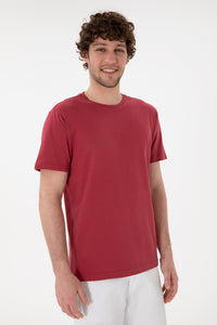 Tricou Bărbați Roșu Cărămiziu Cu Guler Rotund Și Logo Brodat Pe Mânecă