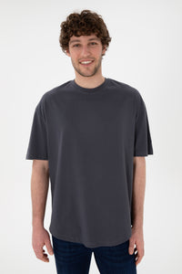 Tricou Bărbați Gri Petrol Oversize Cu Logo Brodat Pe Mânecă 