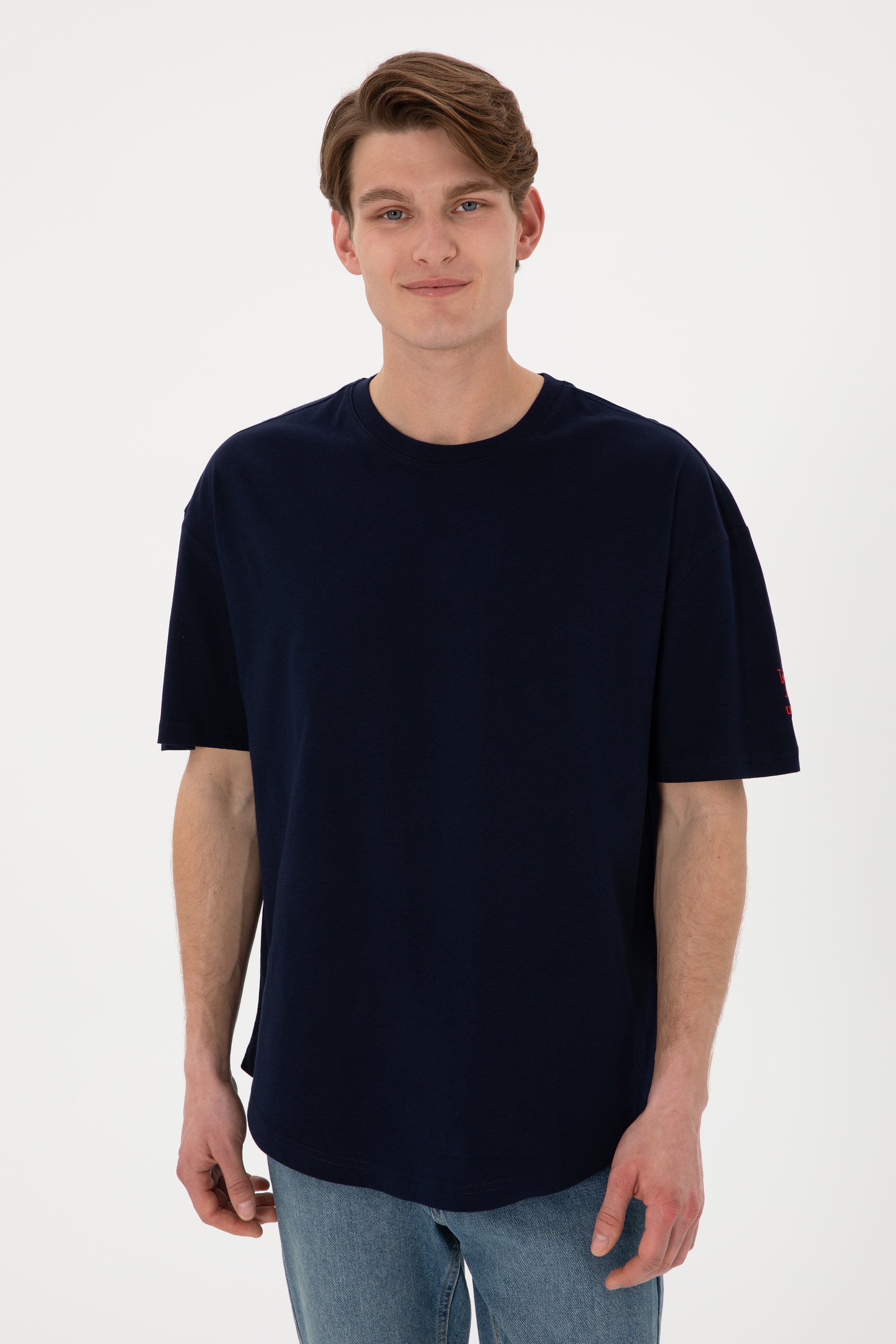 Tricou Bărbați Bleumarin Oversize Cu Logo Brodat Pe Mânecă 