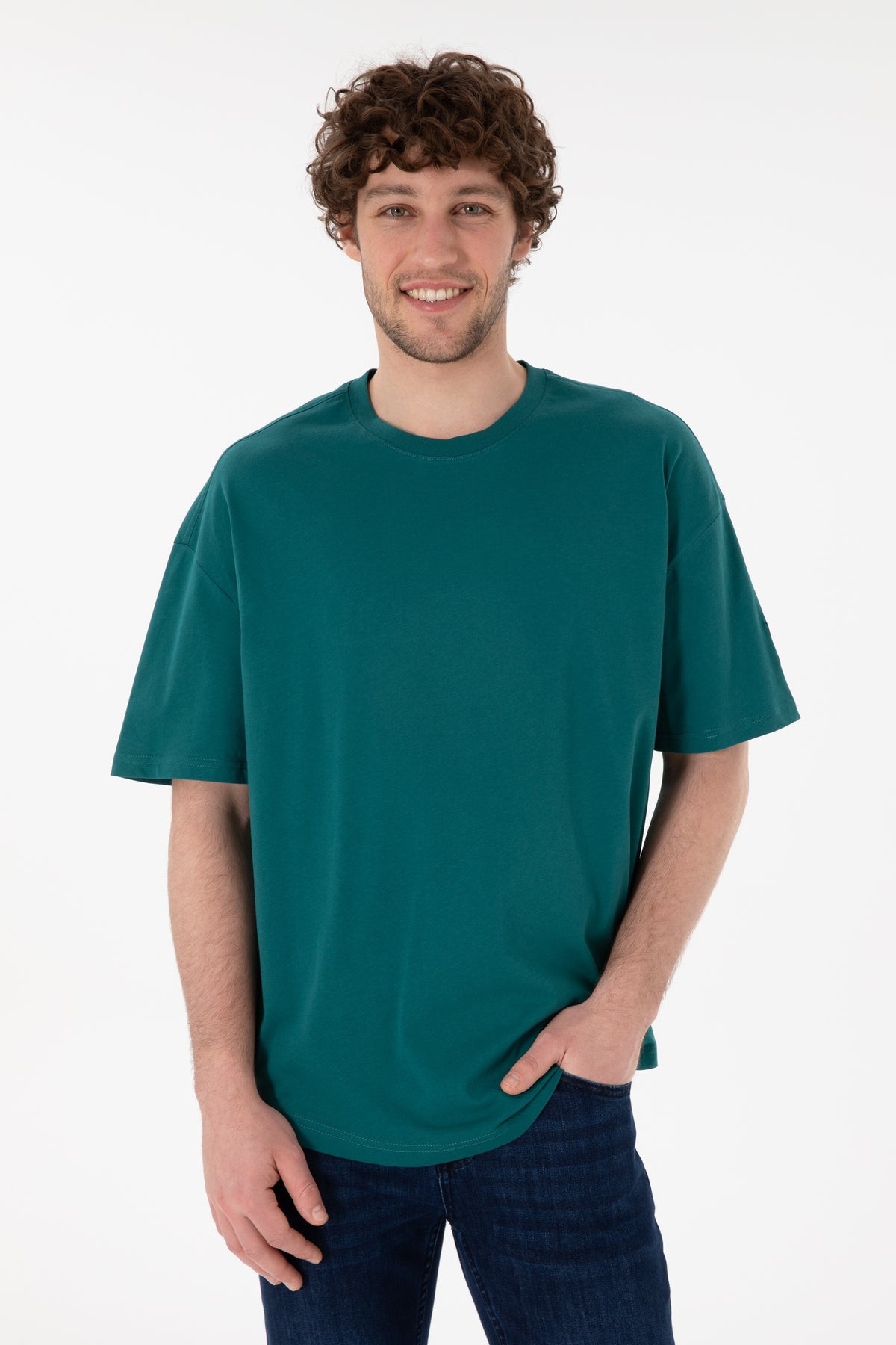 Tricou Bărbați Verde Smarald Oversize Cu Logo Brodat Pe Mânecă 