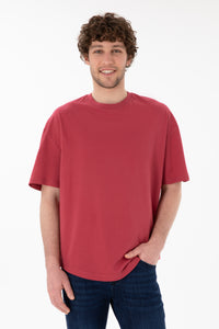 Tricou Bărbați Roșu Cărămiziu Smarald Oversize Cu Logo Brodat Pe Mânecă 