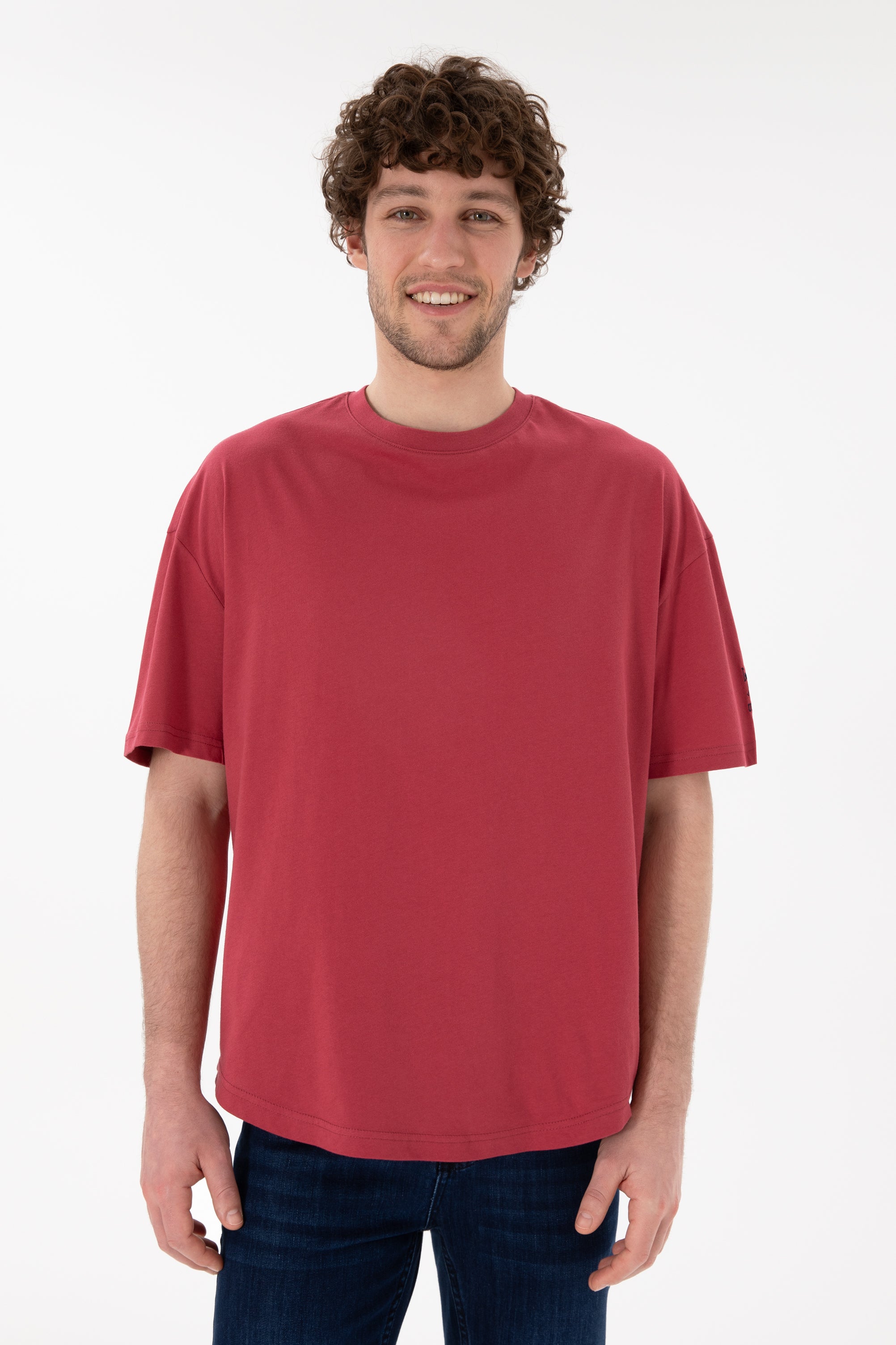 Tricou Bărbați Roșu Cărămiziu Smarald Oversize Cu Logo Brodat Pe Mânecă 