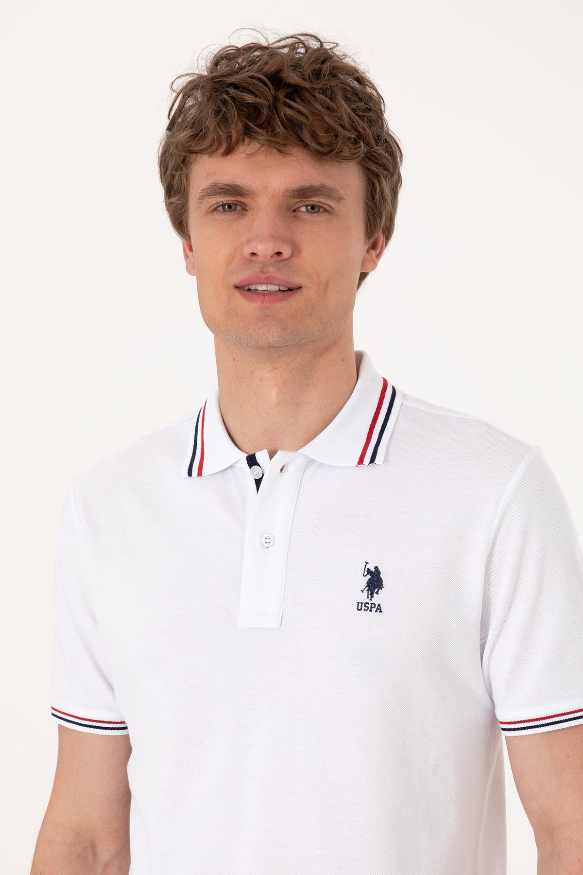 Tricou Polo Bărbați Alb Cu Detalii Guler Și Logo Brodat