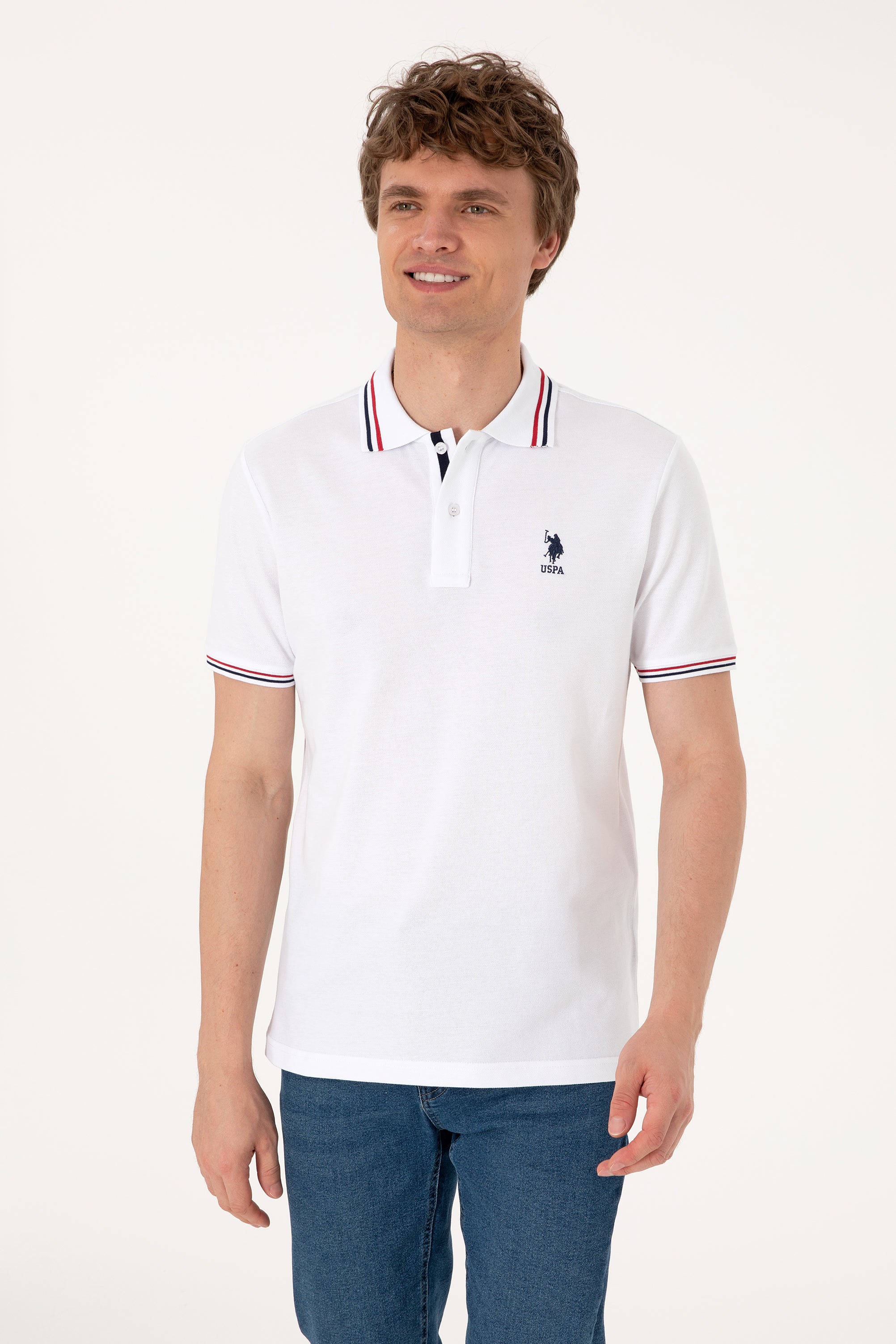 Tricou Polo Bărbați Alb Cu Detalii Guler Și Logo Brodat