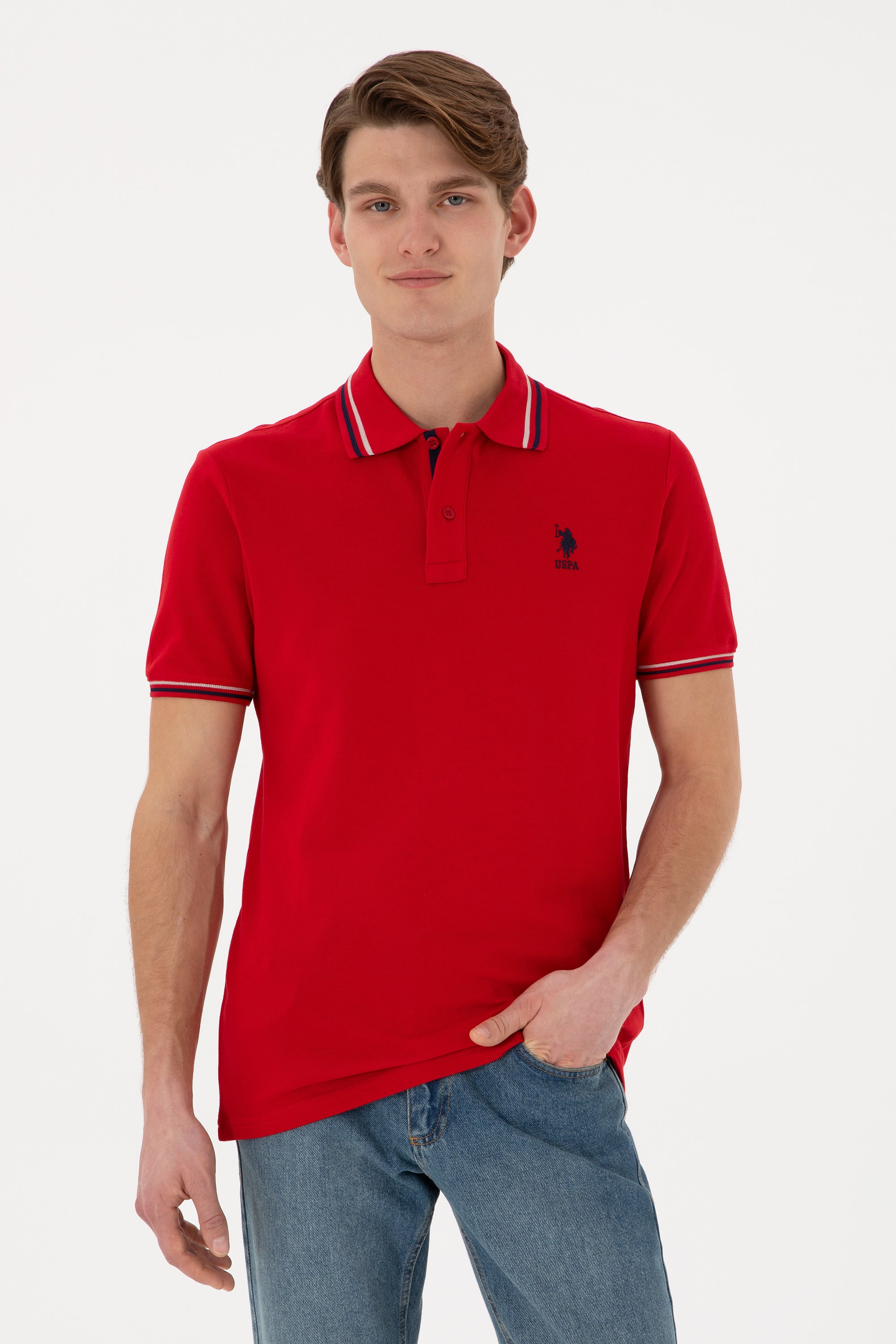 Tricou Polo Bărbați Roșu Cu Detalii Guler Și Logo Brodat