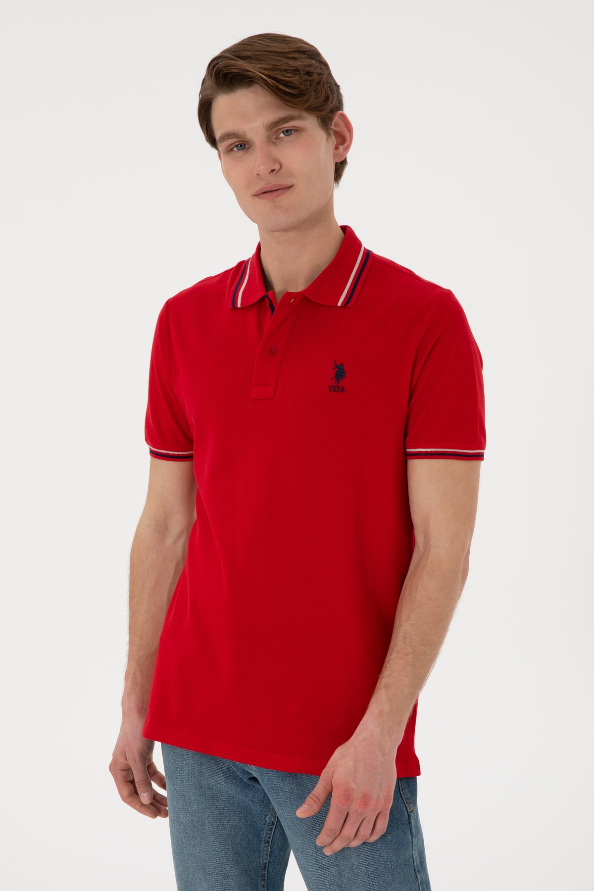 Tricou Polo Bărbați Roșu Cu Detalii Guler Și Logo Brodat