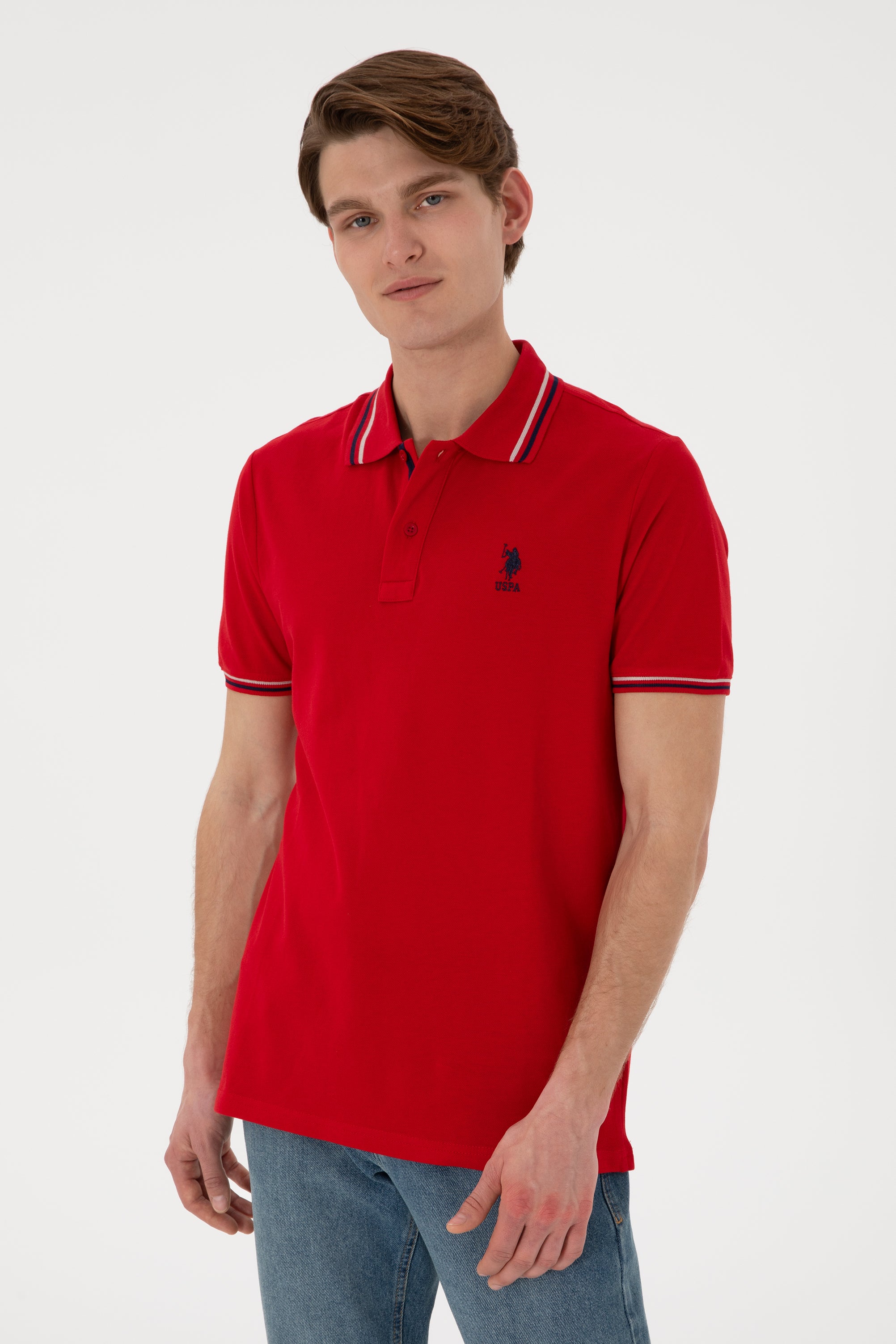 Tricou Polo Bărbați Roșu Cu Detalii Guler Și Logo Brodat