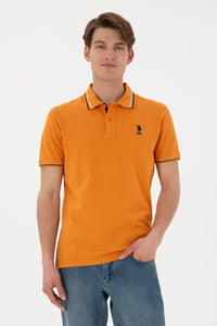 Tricou Polo Bărbați Portocaliu Cu Detalii Guler Și Logo Brodat