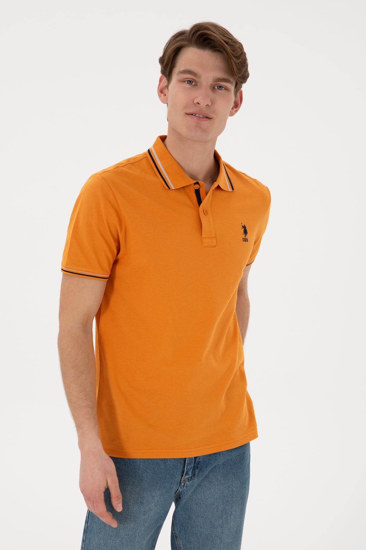 Tricou Polo Bărbați Portocaliu Cu Detalii Guler Și Logo Brodat