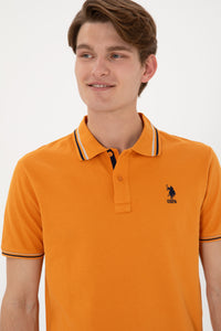 Tricou Polo Bărbați Portocaliu Cu Detalii Guler Și Logo Brodat