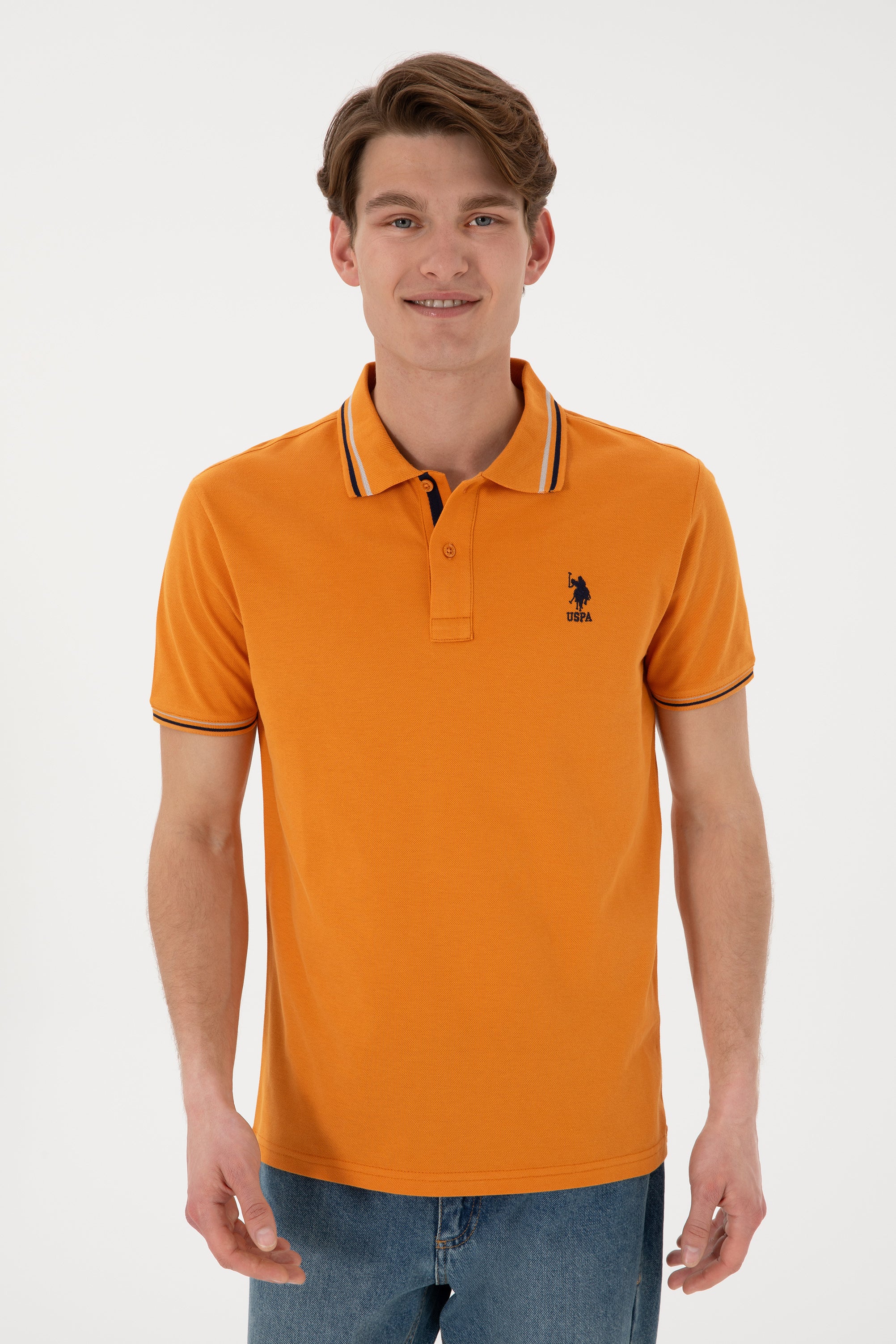 Tricou Polo Bărbați Portocaliu Cu Detalii Guler Și Logo Brodat