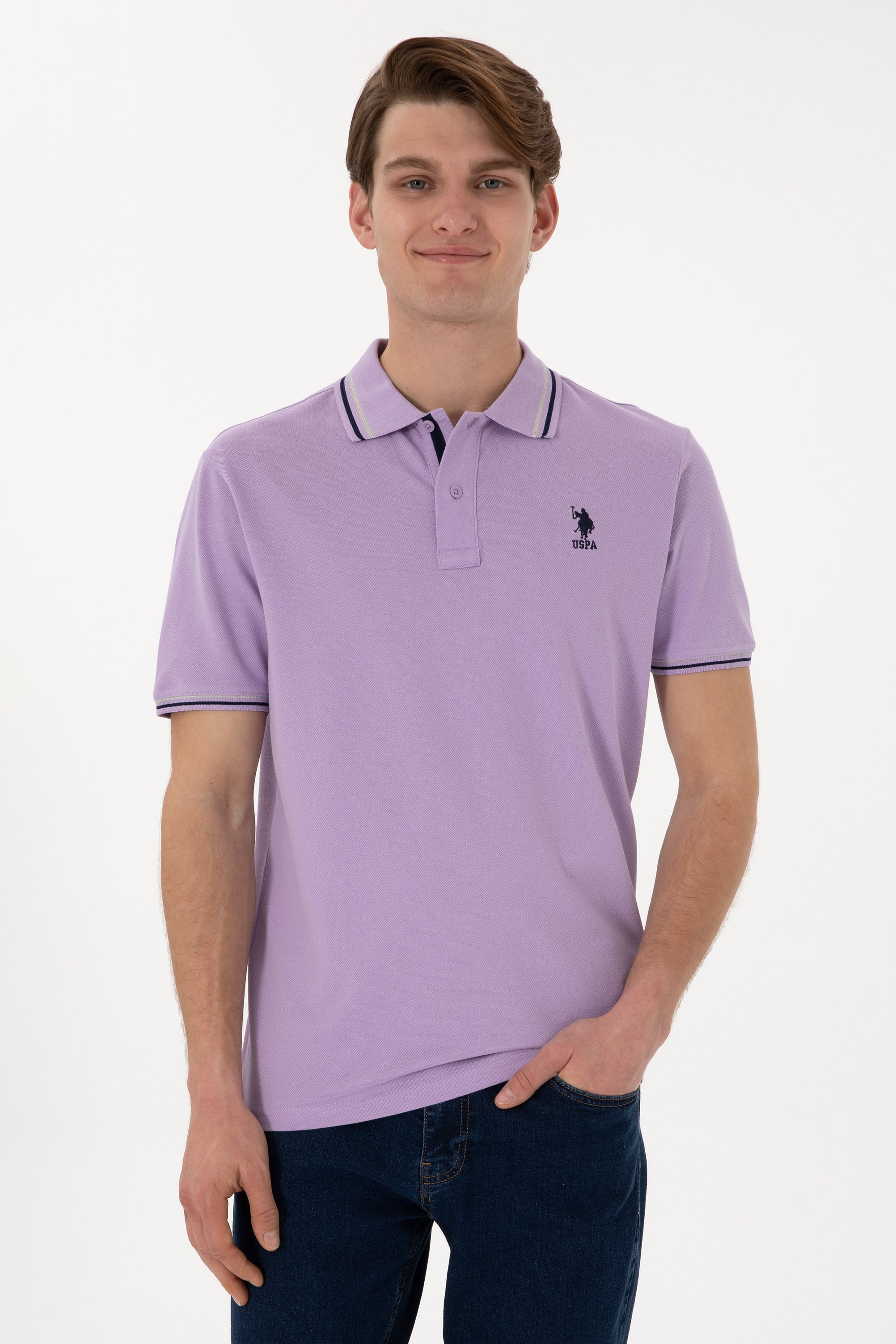 Tricou Polo Bărbați Lila Cu Detalii Guler Și Logo Brodat