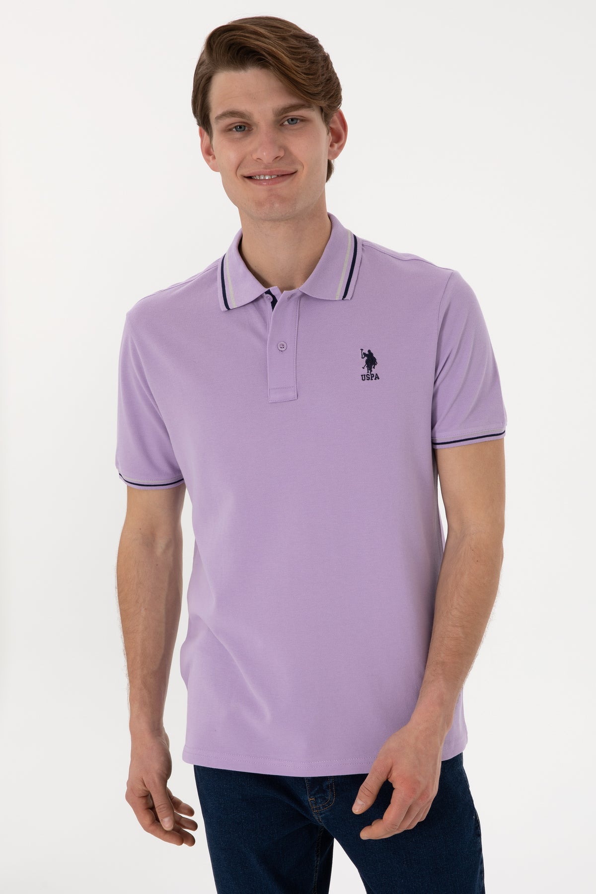Tricou Polo Bărbați Lila Cu Detalii Guler Și Logo Brodat