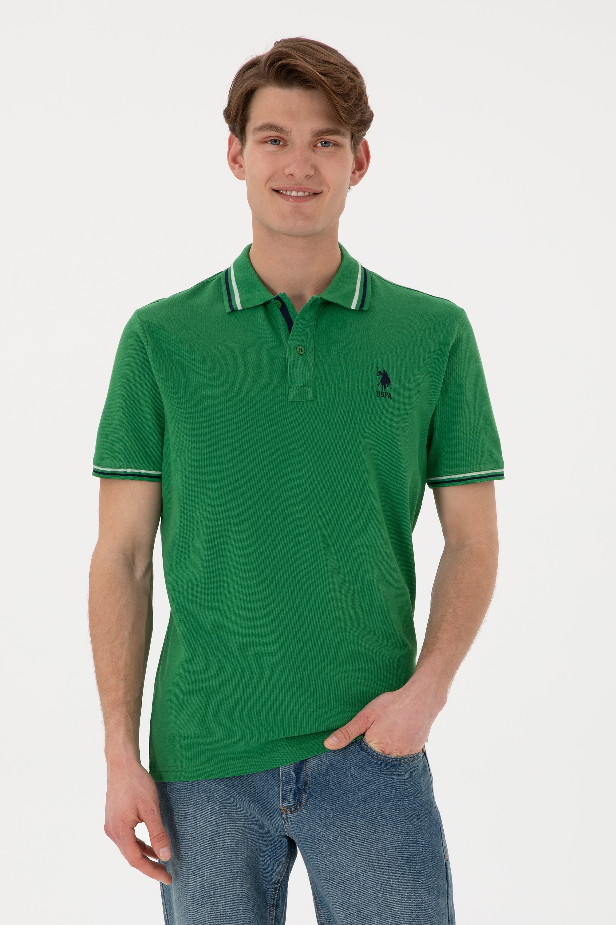 Tricou Polo Bărbați Verde Cu Detalii Guler Și Logo Brodat