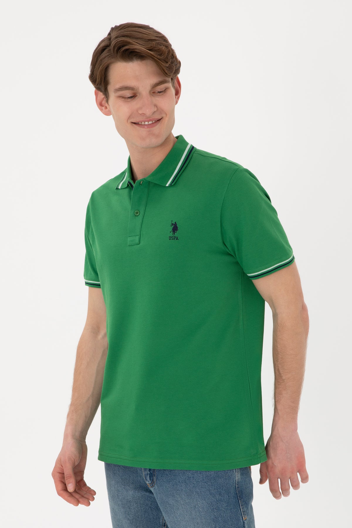 Tricou Polo Bărbați Verde Cu Detalii Guler Și Logo Brodat